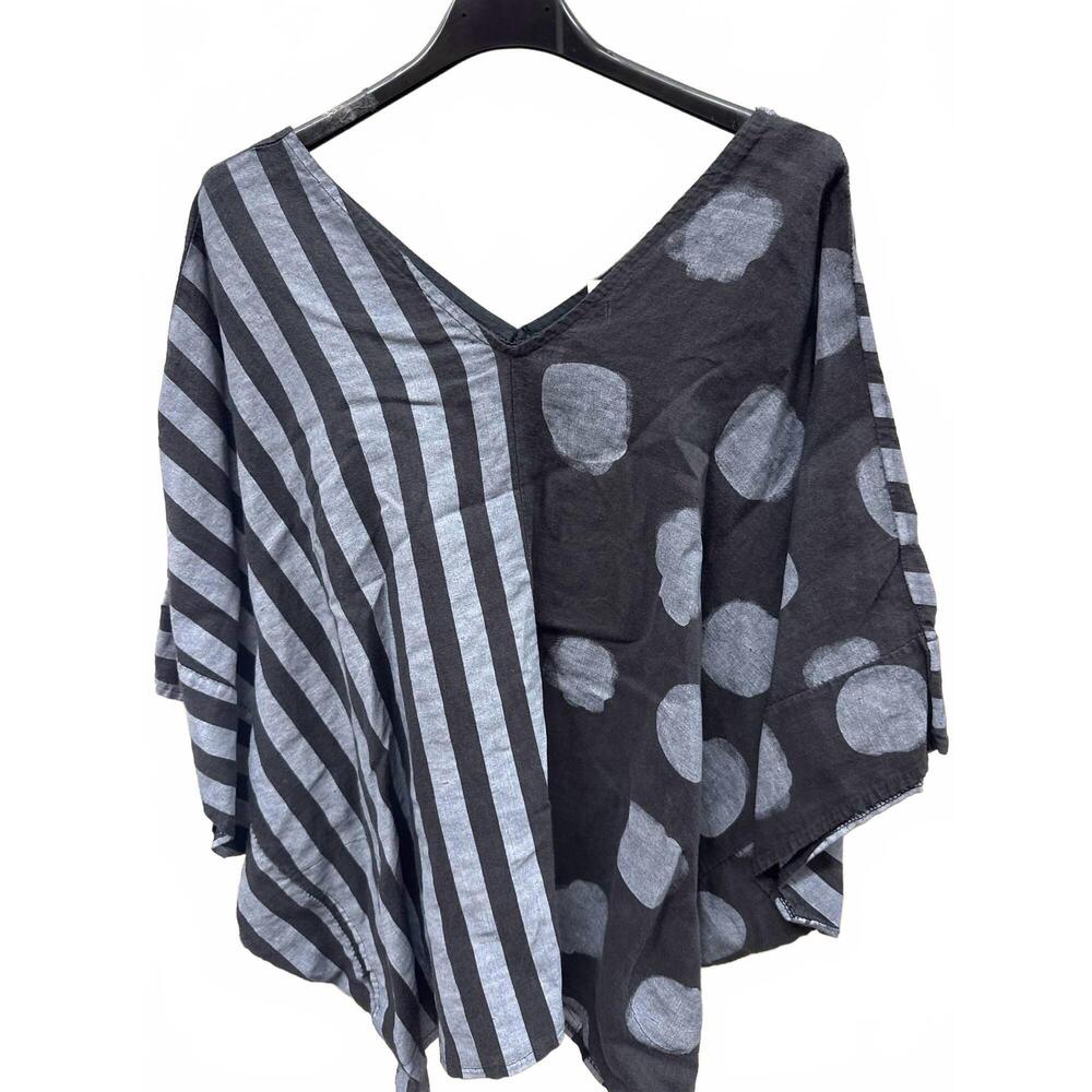 NEW LIABELLA women's linen short sleeve v neck top in black & gray